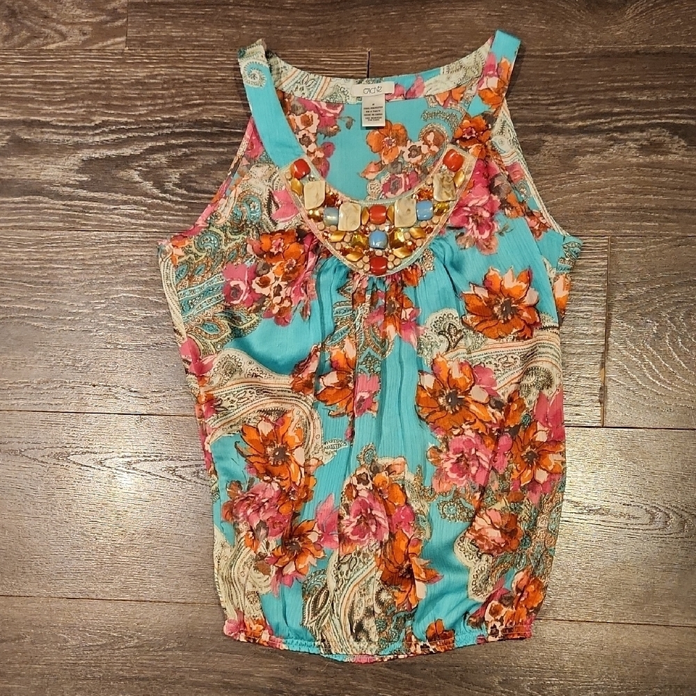 ❤️ VINTAGE CACHE BEADED FLORAL TANK TOP, MEDIUM